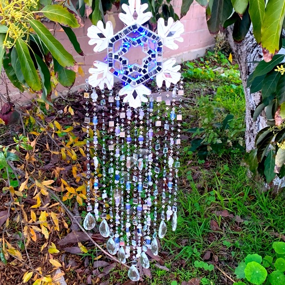 Winter Wonderland Blue Light Wind Chime Sun Catcher w/ Mosaic Mirrors & Crystals - Picture 1 of 11